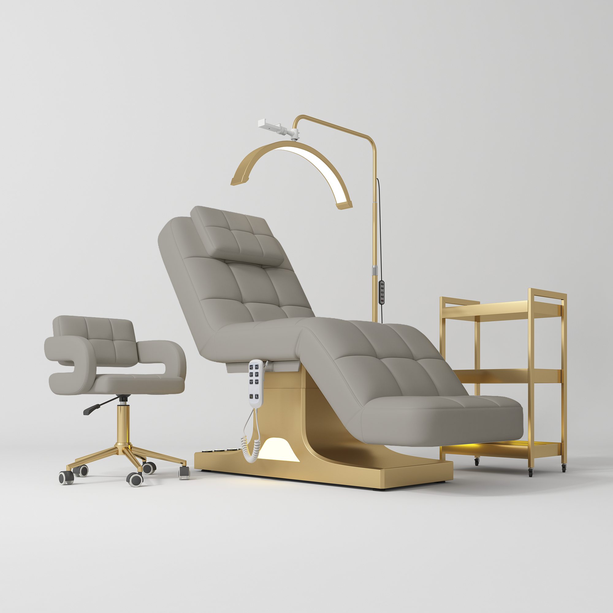 Saphir Version A Complete Beauty Salon Set – Beauty Bed, Chair, Moonlight Lamp & Trolley Pearl Greige