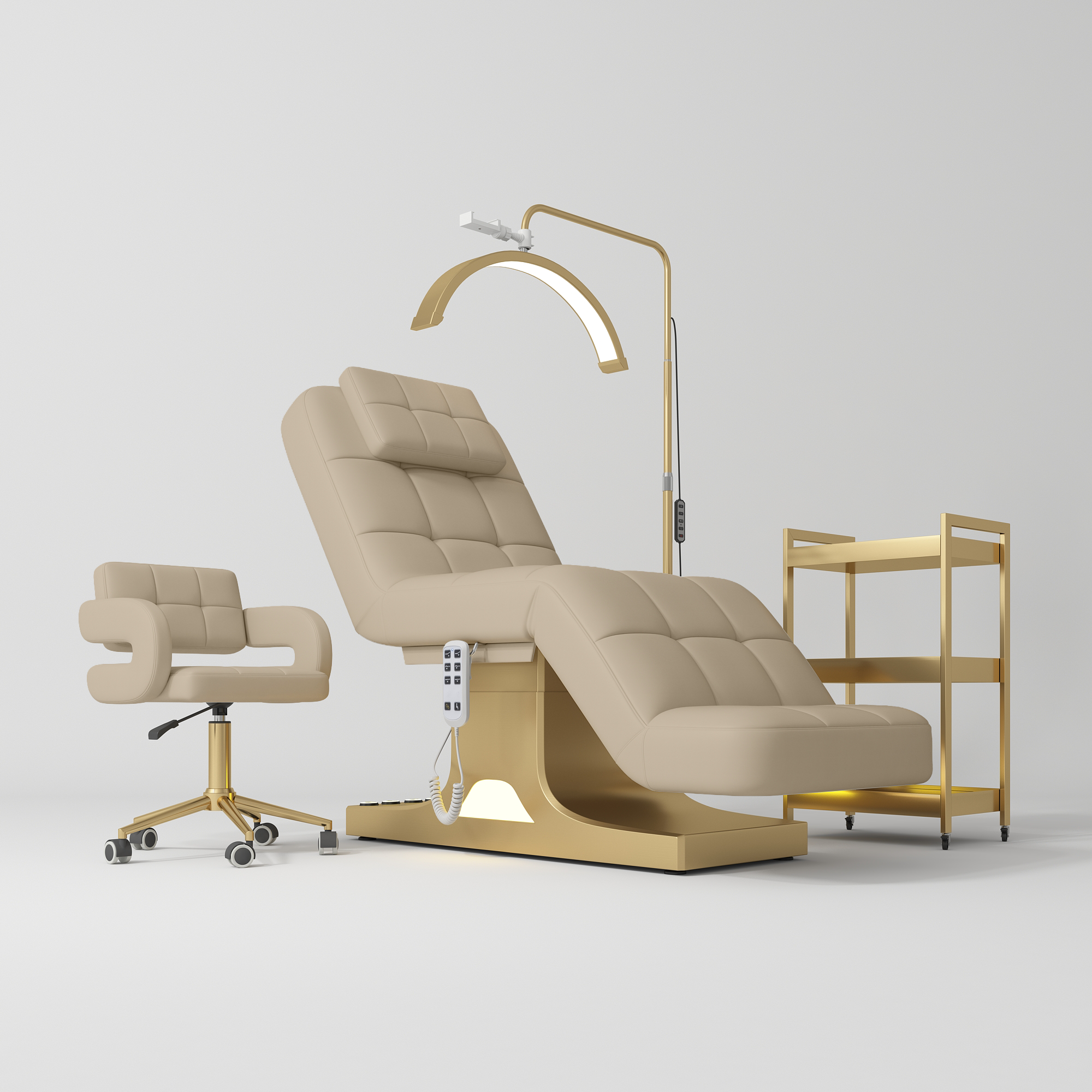 Saphir Version A Complete Beauty Salon Set – Beauty Bed, Chair, Moonlight Lamp & Trolley Warm Beige