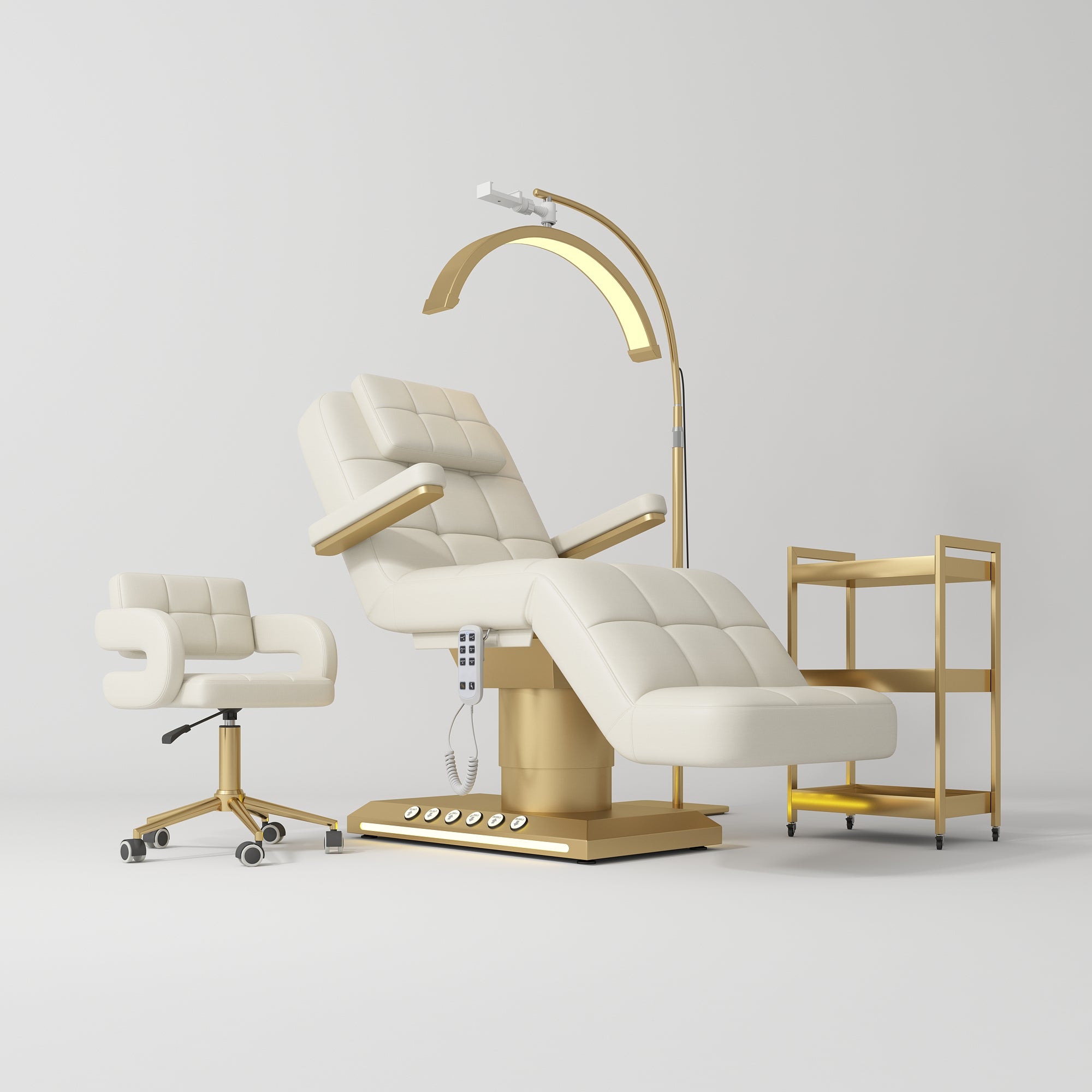 Saphir Version B Premium Complete Beauty Salon Set – Beaauty Bed, Chair, Moonlight Lamp & Trolley Creamy
