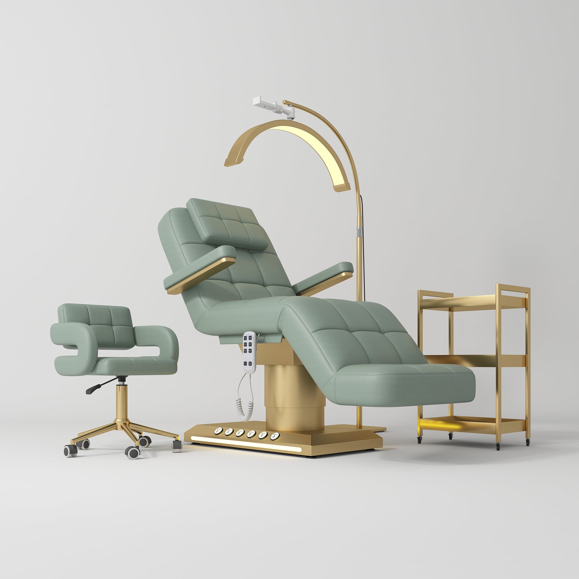 Saphir Version B Premium Complete Beauty Salon Set – Beauty Bed, Chair, Moonlight Lamp & Trolley Olive
