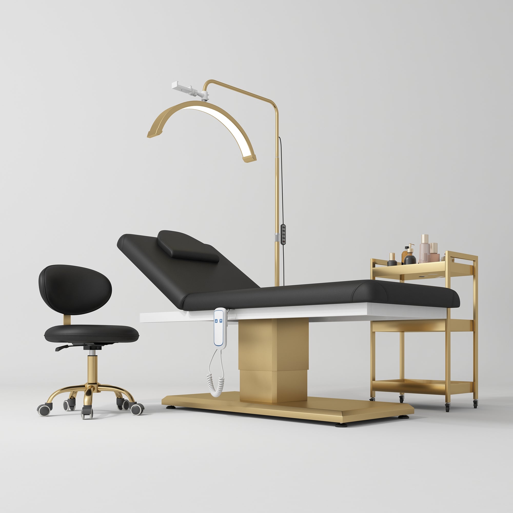 Chérie Premium Electric Beauty Salon Set 4-Piece Beauty Bed, Chair, Moonlight Lamp & Trolley Black