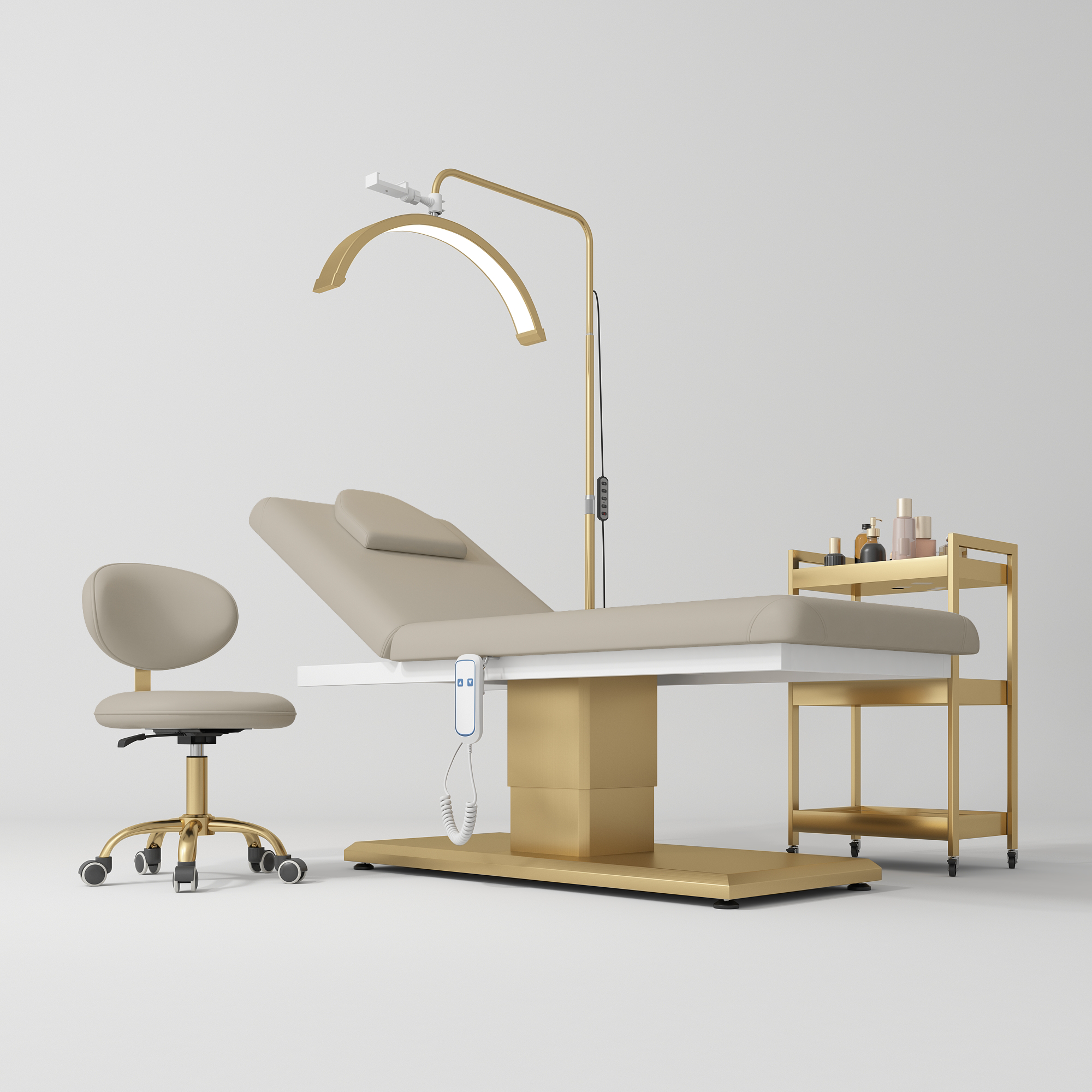 Chérie Premium Electric Beauty Salon Set 4-Piece Beauty Bed, Chair, Moonlight Lamp & Trolley Stone Taupe