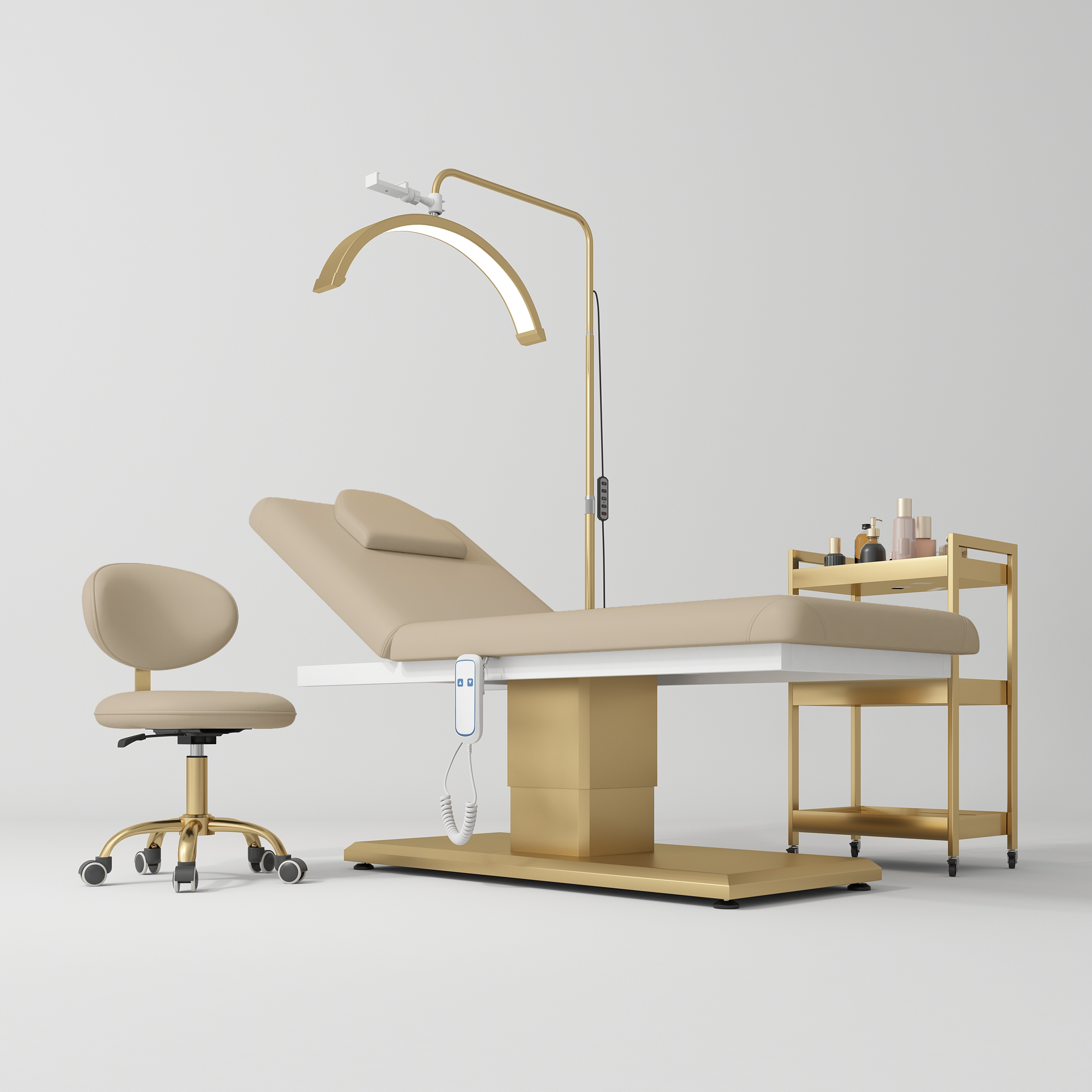 Chérie Premium Electric Beauty Salon Set 4-Piece Beauty Bed, Chair, Moonlight Lamp & Trolley Warm Beige