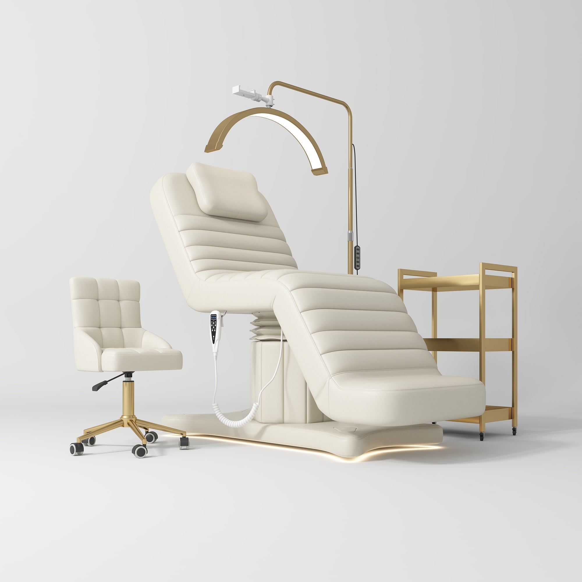 Grandeur Professional Studio Set – Beauty Bed, Chair, Moonlight & Trolley Creamy