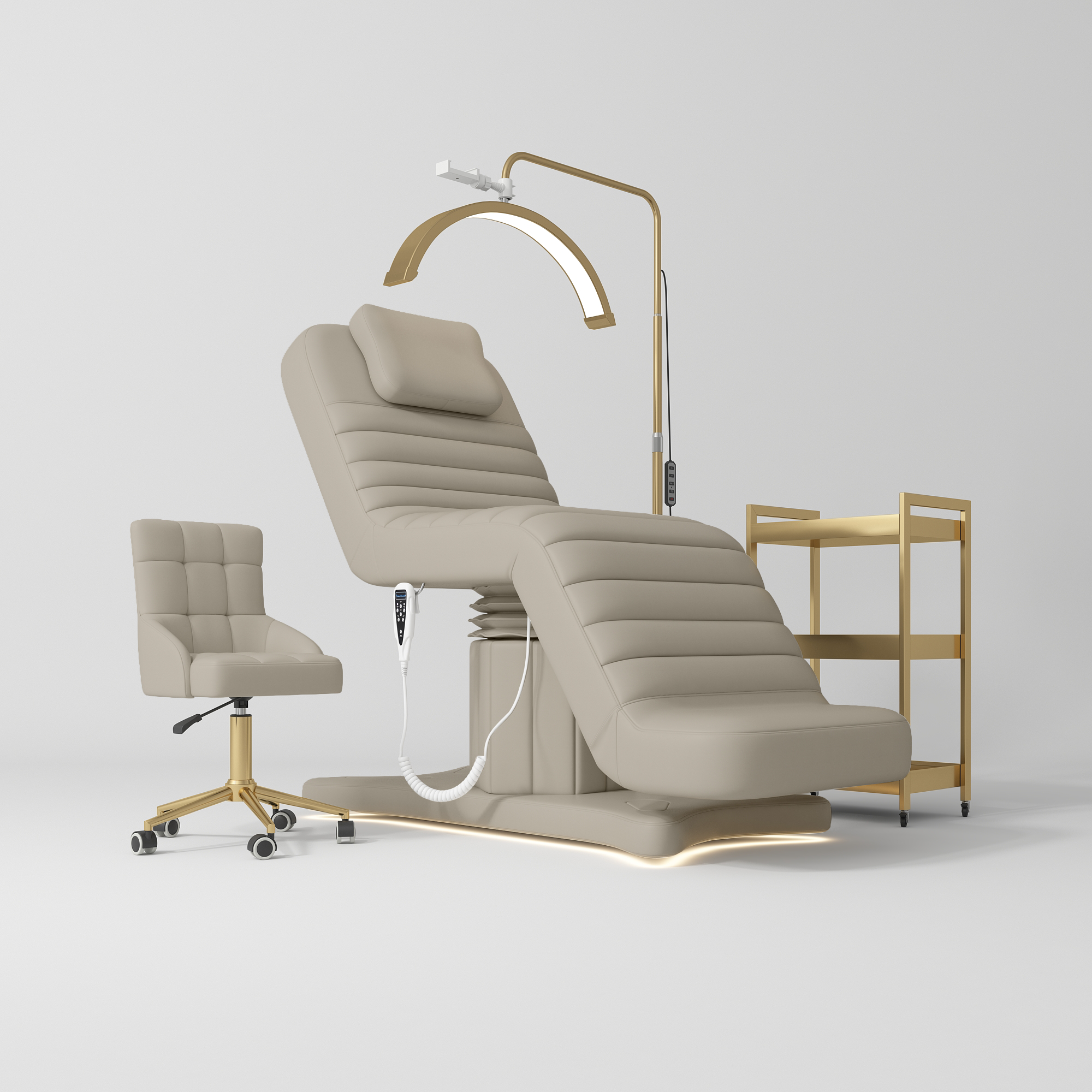 Grandeur Professional Studio Set – Beauty Bed, Chair, Moonlight & Trolley Stone Taupe