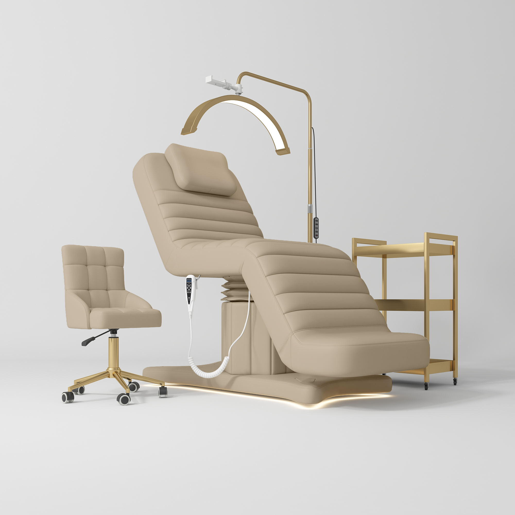 Grandeur Professional Studio Set – Beauty Bed, Chair, Moonlight & Trolley Warm Beige