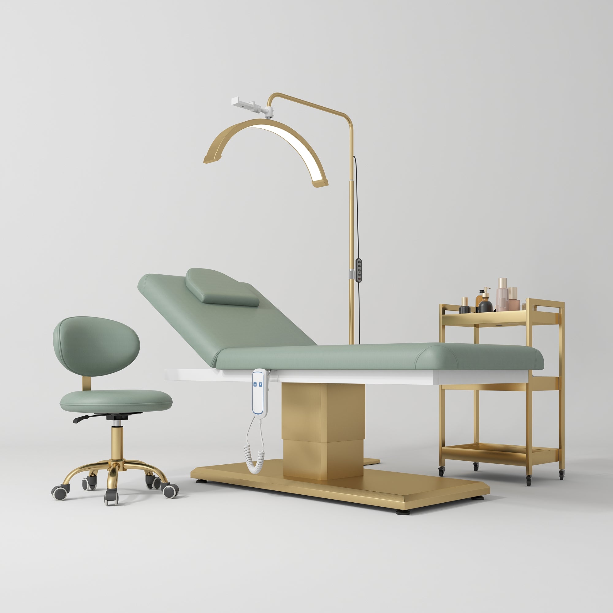 Chérie Premium Electric Beauty Salon Set 4-Piece Beauty Bed, Chair, Moonlight Lamp & Trolley Olive