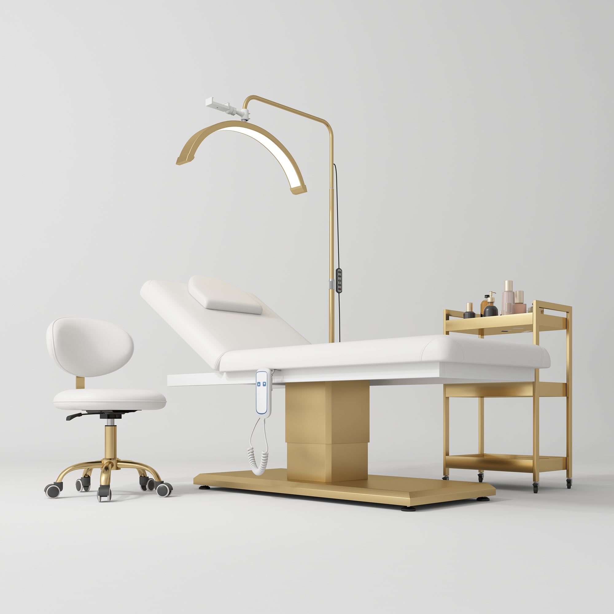 Chérie Premium Electric Beauty Salon Set 4-Piece Beauty Bed, Chair, Moonlight Lamp & Trolley White