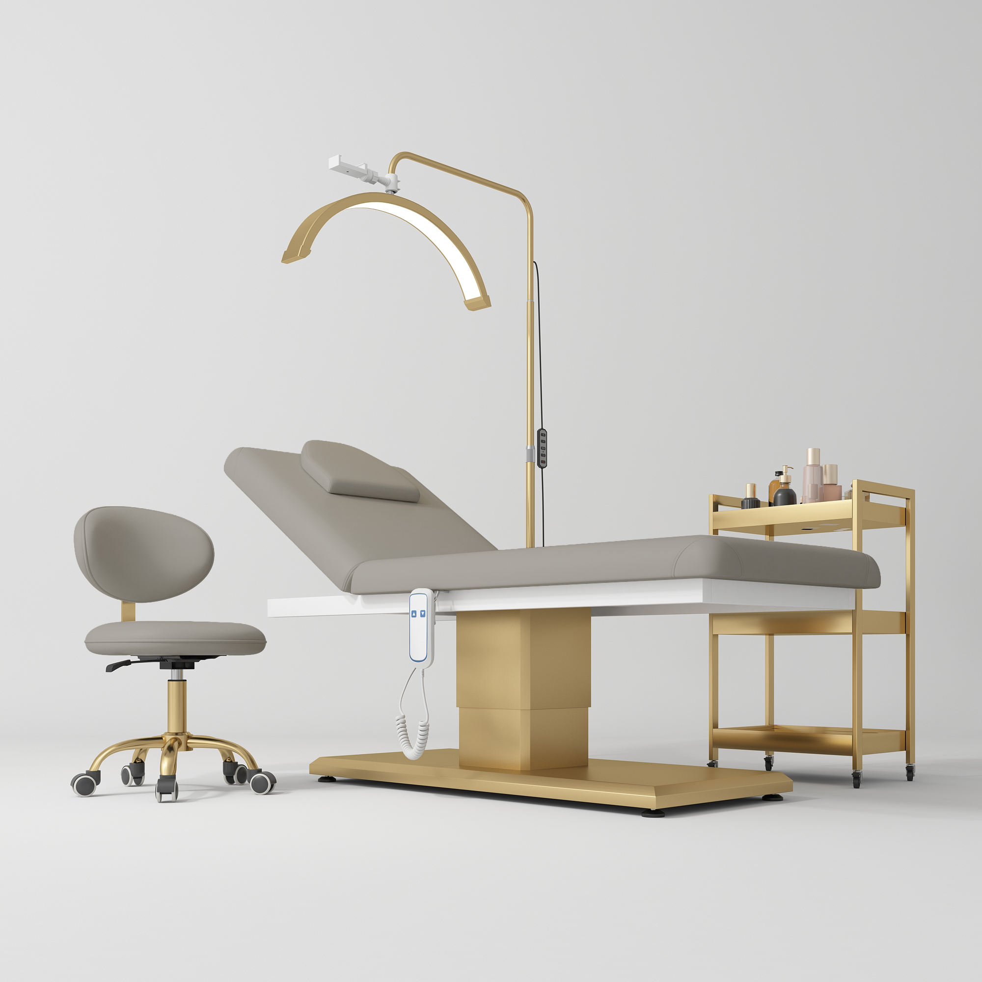Chérie Premium Electric Beauty Salon Set 4-Piece Beauty Bed, Chair, Moonlight Lamp & Trolley Pearl Greige
