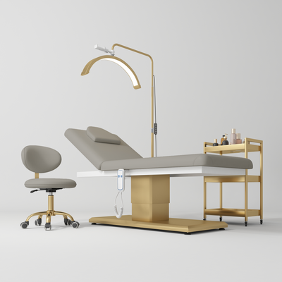Chérie Premium Electric Beauty Salon Set 4-Piece Beauty Bed, Chair, Moonlight Lamp & Trolley Pearl Greige